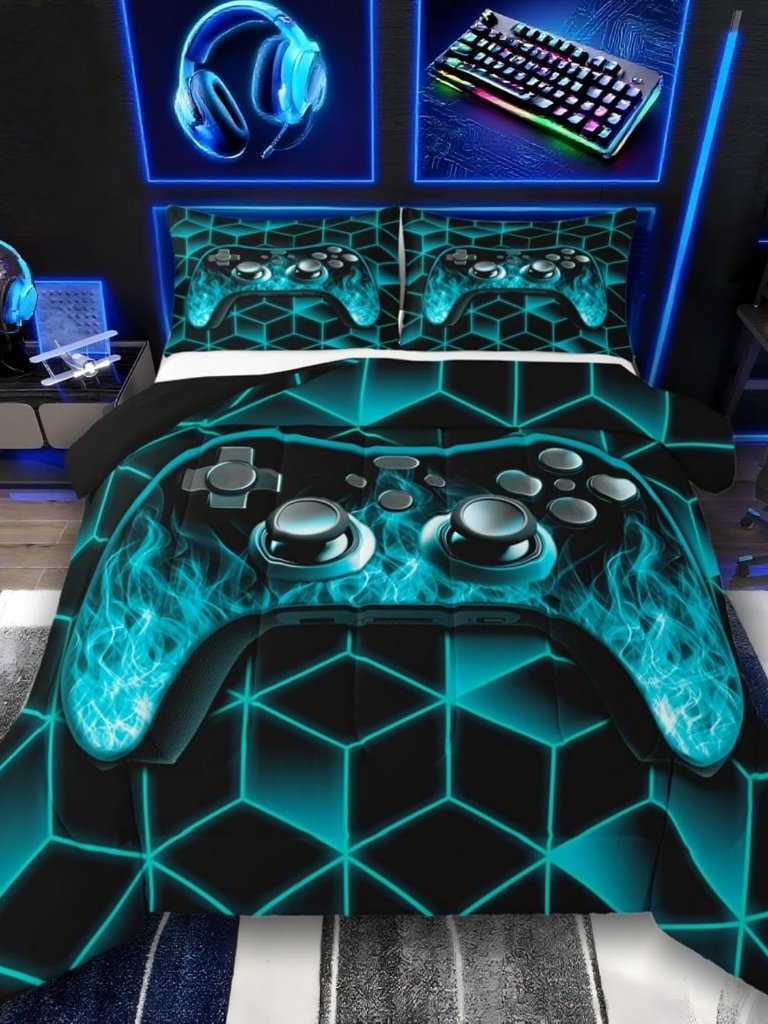 Teal Kids Bedding Sets For Gamer Boys, Neon Geometric Twin Comforter Set, 3d Geo